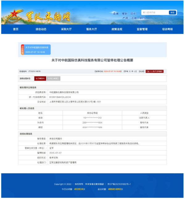 股票配资配资 中航科创有限公司控股子公司因违约被暂停全军采购资格